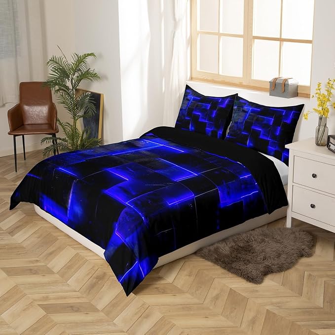 Navy Blue Black Bed Set 3D Glowing Buffalo Duvet Cover Twin Size Modern Abstract Art Twin Bedding Sets Geometric Plaid Comforter Cover, Gradient Futuristic Cubes Bed Cover (Black Reversible)