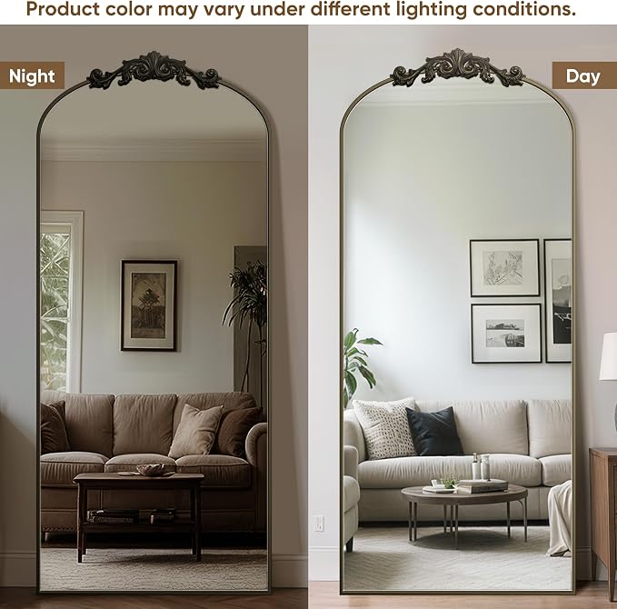 Antok Arched Full Length Mirror, 65"x22" Floor Mirror with Carved, Full Body Mirrors for HomeDecor, Standing/Halling Large Wall Mirror for Bedroom, Living Room, Cloakroom, Bronze, Retro Style