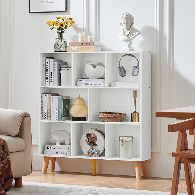 LEYAOYAO 8 Cube Bookshelf,3 Tier Bookcase with Legs,White Mid-Century Modern Bookshelves,Large Open Storage Organizer Shelf, Wooden Book Case