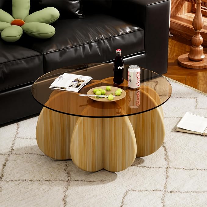 31.5'' Round Coffee Table with Tempered Glass Top, Modern Center Table for Small Spaces - Sturdy Walnut Board Frame, Simple Design for Living Room, Home, Office - Easy Assembly. (Walnut + Brown)
