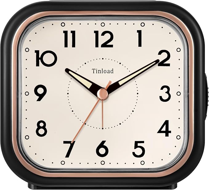 Tinload 4.3" Vintage Retro Analog Alarm Clock, Super Silent Non Ticking Clock with Manual Light, Snooze, Battery Operated, Simply Design, for Living Room, Bedroom, Bedside, Desk(Black)