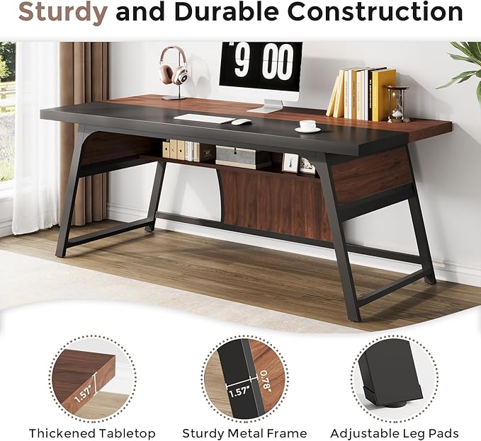 63-inch Executive Desk with Storage Shelf, Large Home Office Desk with Metal Frame & LED Light, Long Computer Desks for Home Office, Walnut and Black