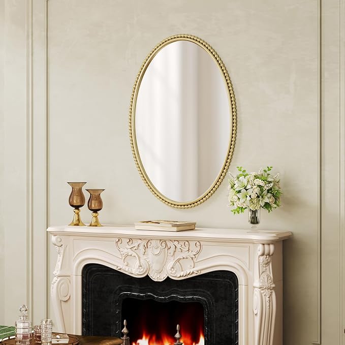 Uniclinens Vintage Wall Mirror Decor - Large Gold Oval Beaded Mirror Decor,Ideal Metal Frame Mirror for Entryway, Fireplace, Living Room, Hallway, Bathroom,24"X36"