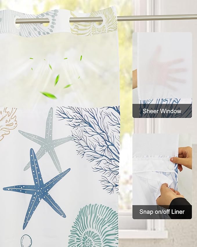 No Hook Shower Curtain with Snap in Liner Set - Sea Seashells, Starfish & Coral Print Shower Curtains for Coastal Nautical Ocean Bathroom, Waterproof Bath Curtain with Mesh Top, 71x74 Inch