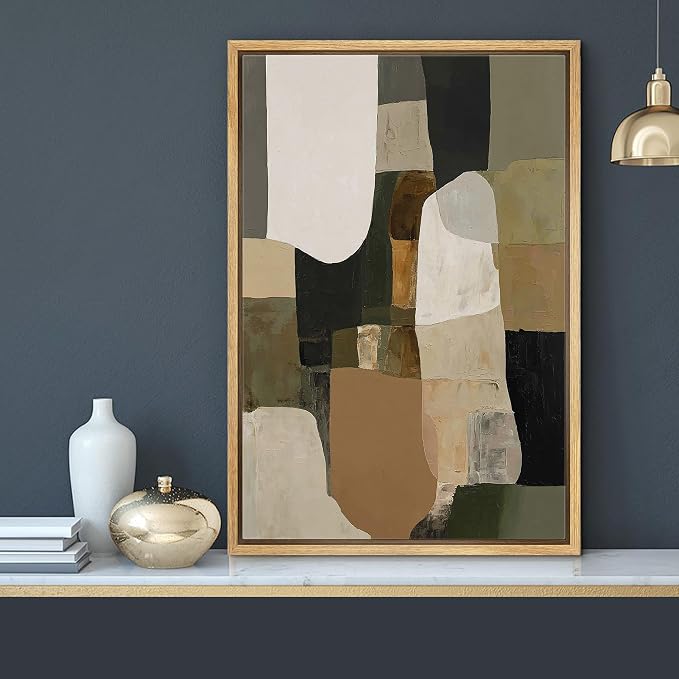 MUDECOR Framed Canvas Print Wall Art Earth Tone Green & Beige Abstract Shapes Illustrations Fine Art Mid-Century Modern Multicolor for Living Room, Bedroom, Office - 24"x36" NATURAL