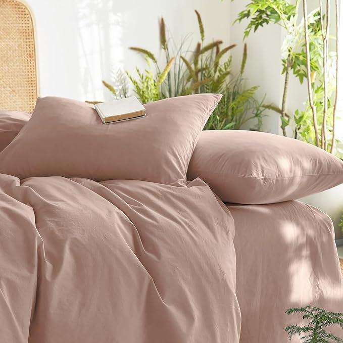 Wake In Cloud - Cotton Duvet Cover Set, 100% Washed Cotton, Linen Like Textured, Breathable Durable Comfy Farmhouse Neutral Bedding Set, 3 Pieces, Dusty Pink, King Size