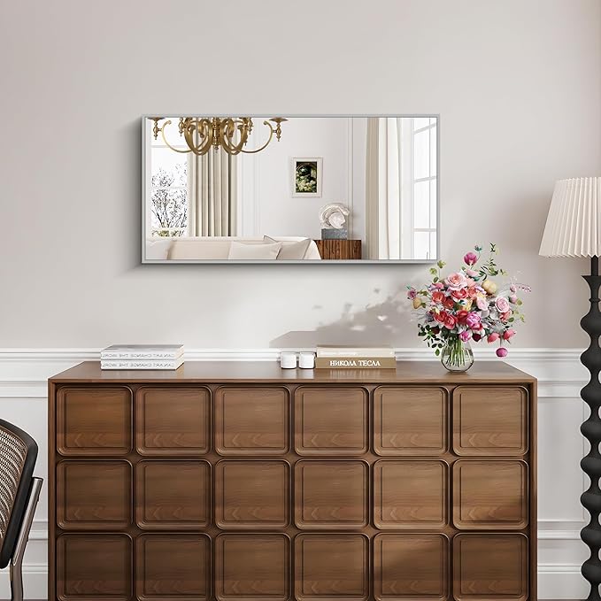 KOCUUY Silver Framed Mirror, 20"x40" Rectangle Bathroom Mirror for Wall, HD Tempered Glass, Anti-Rust Frame, Modern Design for Bathroom, Bedroom, Living Room, Entryway