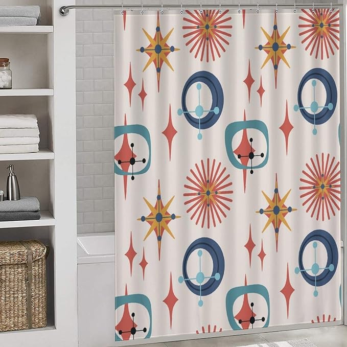 Retro 50s Shower Curtain Mid Century Modern Geometric Stars Colors Pattern Duty Fabric Shower Curtains Set Bathroom Polyester Waterproof with 12 Hooks, 66x72Inch（168x183cm）