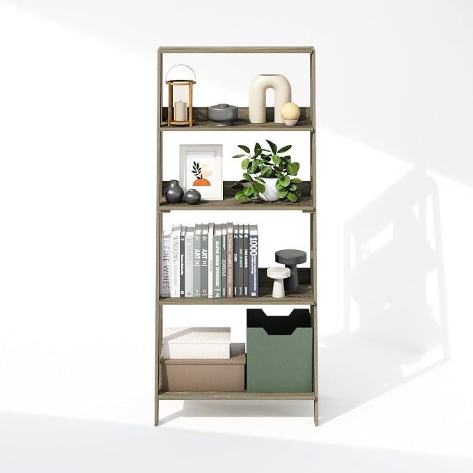 Furinno Ladder Display Shelf, 5-Tier Ladder Shelf, Standing Bookshelf, Display Storage Shelves, 13 x 23.6 x 53.5, for Living Room, Home Office, French Oak