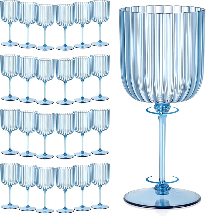 24 PCS Plastic Ribbed Wine Glasses 11oz Blue Detachable Wine Goblet Unbreakable Vintage Ripple Water Goblets Cocktail Drinking Cups for Parties Weddings Poolside Outdoors