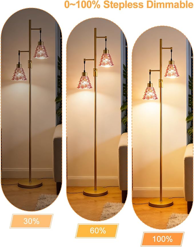 2-Light Modern Glass Floor Lamp, Gold Standing Tall Lamp with Deep Red Shell Glass Shade, Dimmable LED Floor Lamp with 5Lbs Heavy Base for Living Room Bedroom Home Decor, Bulb Included
