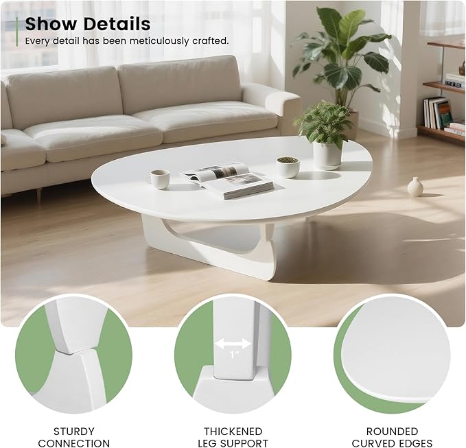 Solid Wooden Modern Triangle Coffee Table: Unique Funky Coffee Tables for Living Room, Oval Mid-Century Irregular Abstract Tea Tables for Patio Office Balcony Bedroom (White, 43" L x 31" W x 16" H)