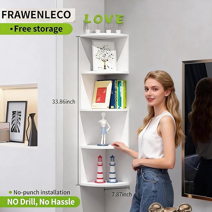 No-Drill Corner Shelf Wall Mount, 5-Tier Floating Corner Bookshelf with Hooks, Space-Saving Zigzag Plant Shelf for Bedroom, Living Room, Bathroom, Home Office