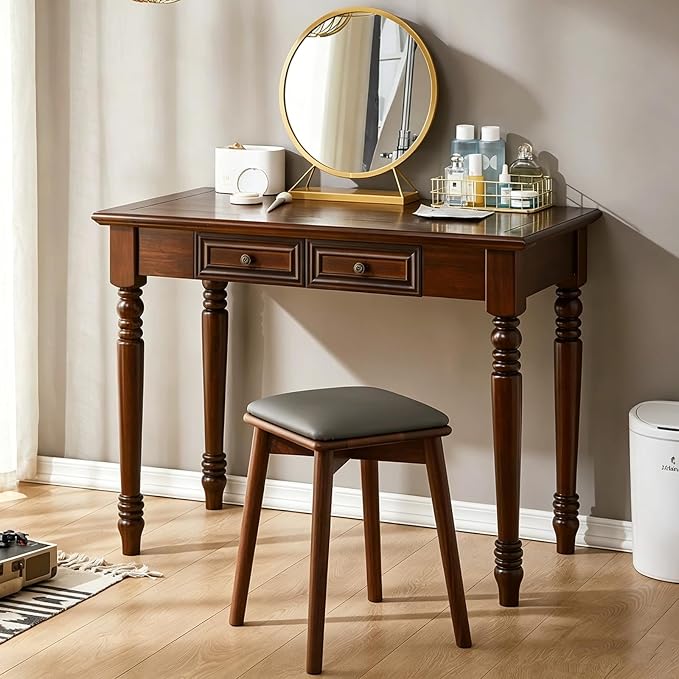 Solid Wooden Vintage Desk with Drawers, Small Dark Writing Desk with Drawers for Computer, Vintage Vanity Desk, Study or Gaming, Easy to Assemble (Walnut, 39in)