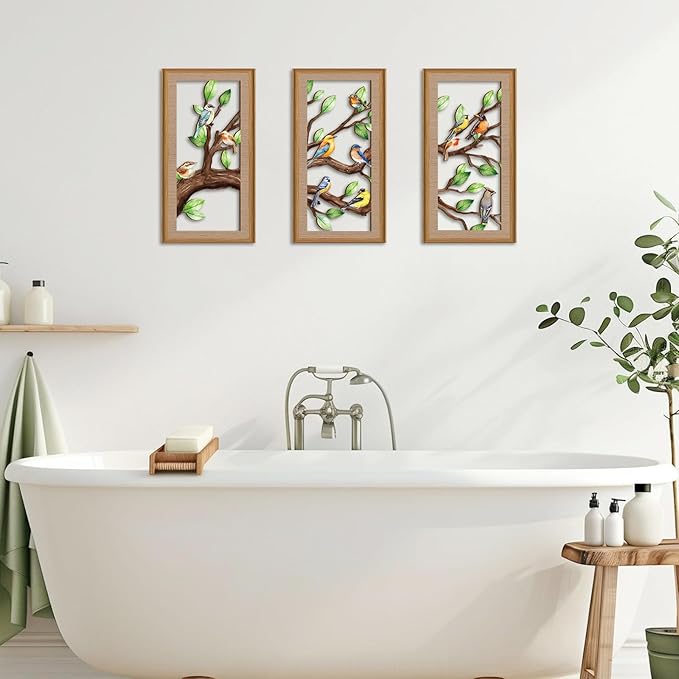 Ausril 3 Pcs Birds Tree Branch Wall Decor,Nature Tree of Life Wall Art,Green Leaves with Bird Wall Art,Branch Birds Silhouette Sculpture,Spring Tree Sign Wood Framed for Home Living Room Bedroom