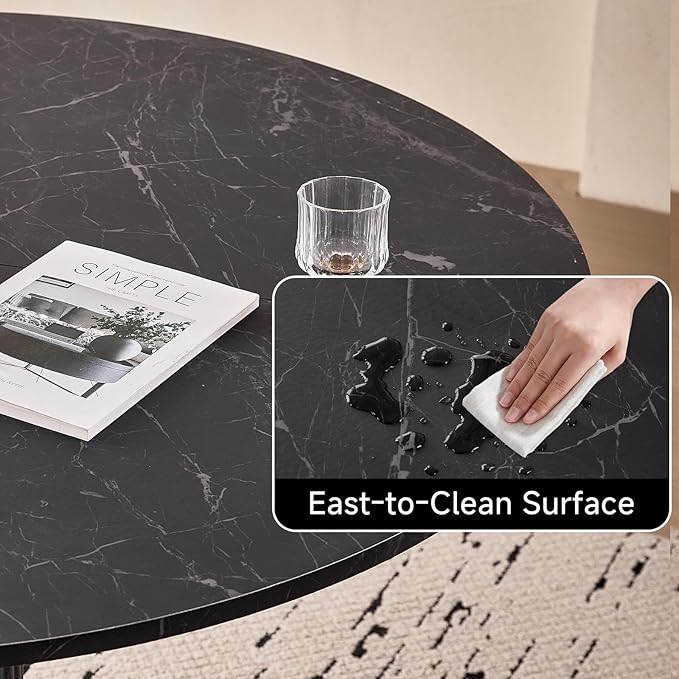 47" Round Dining Table for 4, [Cylinder Pedestal Base] [Stone-Patterned] Modern Circle Dinner Table for Kitchen Dining Living Room, Black Marble Patterned