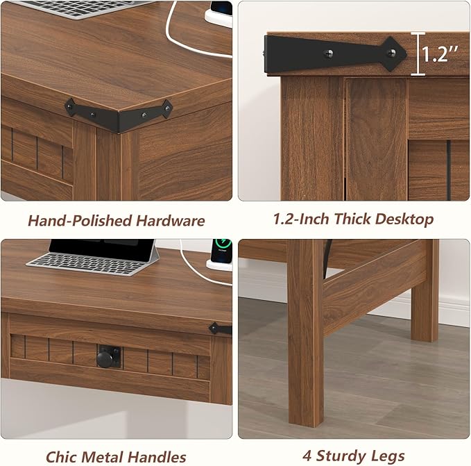 YOMILUVE Farmhouse Computer Desk with 2 Drawers, 39 Inch Small Office Computer Desk with Power Outlets, Compact Writing Study Vanity Desk for Small Spaces, Brown