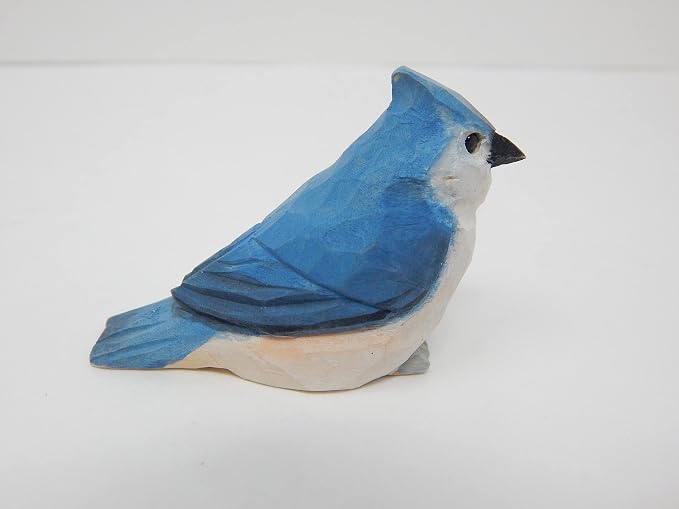 Selsela Hand-Carved Tufted Titmouse Bird Figurine - Wood Figurine Statue Blue Jay-Inspired Sculpture Ornament Decor Miniature Art. Handmade Carved Ornament for Rustic Decor & Collectors