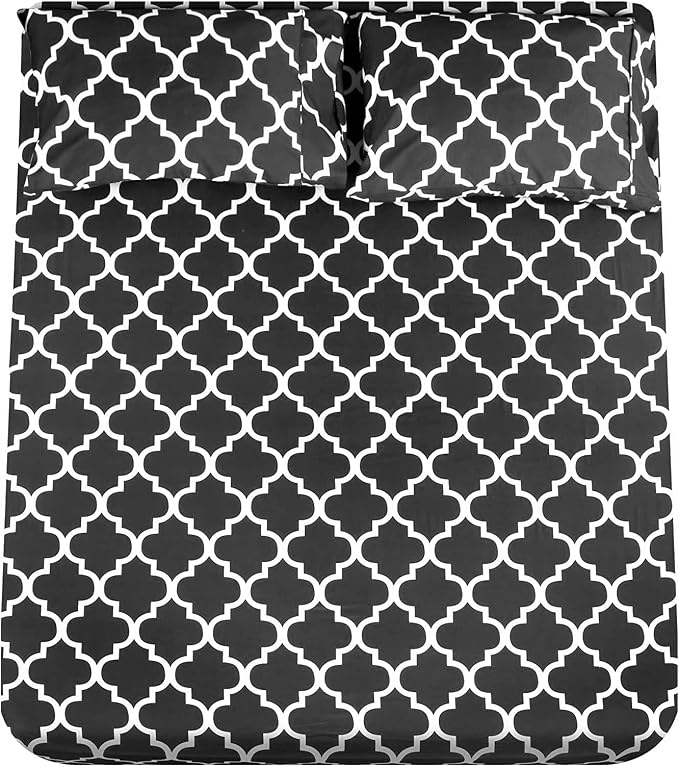 Mejoroom Full Bed Sheet Set - Super Soft Brushed Microfiber 1800 Thread Count Sheets with 16inches Deep Pocket - Wrinkle Free - 4 Piece(Full, Black Quatrefoil with White Pattern)