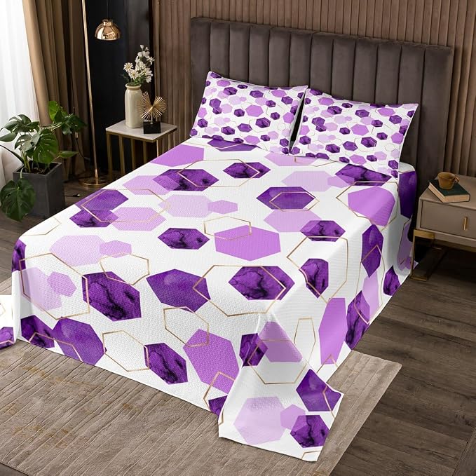 Erosebridal Purple Quilt Set Queen Size for Boys Girls Geometric Hexagon Coverlet Set Modern Abstract Art Decor Bedspreads Lavender Marbling Striped Bedding Sets, 1 Quilts 2 Pillow Cases
