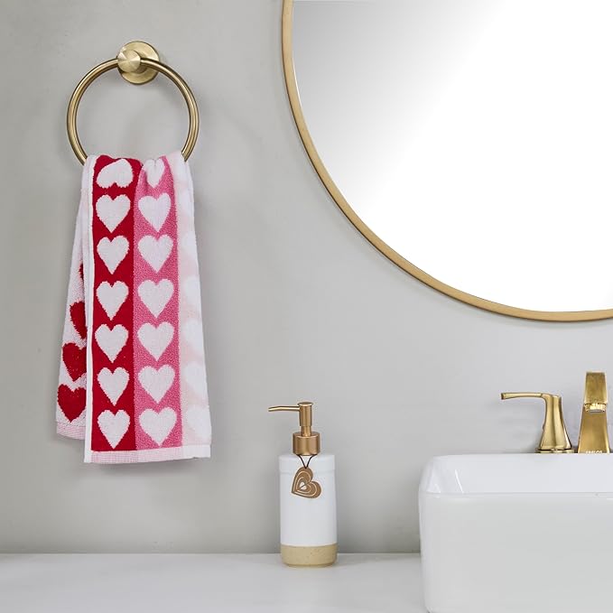 SKL Home Valentine's Tonal Hearts Jacquard 100% Cotton Reversible 2pc Hand Towel Set, Decorative for Bath/Kitchen/Bar & Gift, Pink