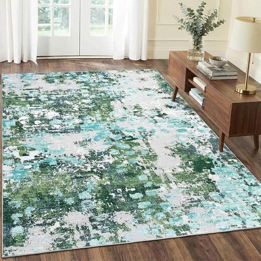 GAOMON 5x7 Rug Boho Chic Abstract Small Rug Machine Washable Colorful Indoor Accent Carpet Non Shedding Living Room Rug Non Slip Low Pile Modern Carpet Mat for Office Kitchen, Green/Turquoise