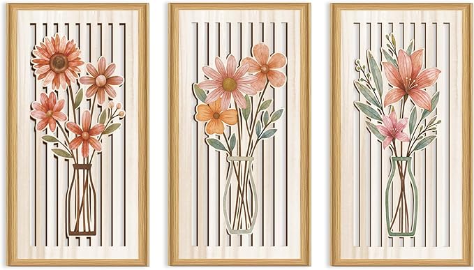 Celestdeco 3 Pcs Boho Flower Market Wall Decor Floral Botanical Modern Wood Wall Art Bohemian Floral Hanging Decor Abstract Minimalist Wooden Art for Living Room Bedroom Office 7.9 x15.8 Inch