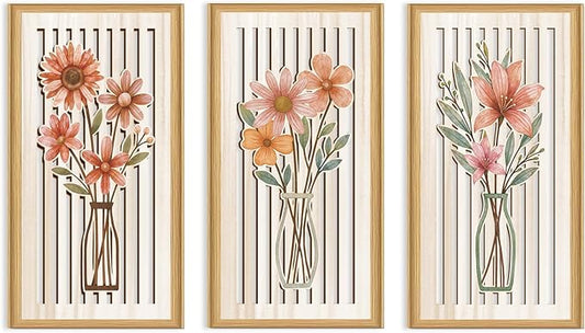 Celestdeco 3 Pcs Boho Flower Market Wall Decor Floral Botanical Modern Wood Wall Art Bohemian Floral Hanging Decor Abstract Minimalist Wooden Art for Living Room Bedroom Office 7.9 x15.8 Inch