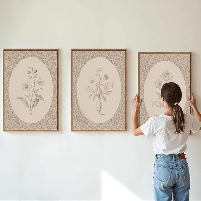 Rantodecor Vintage Flower Framed Canvas Wall Art Triptych, Rustic Floral Wall Decor, Retro Sketch Botanical Art Paintings, Antique French Cottage Artwork for Girls Bedroom Living Room Bathroom 16"x24"