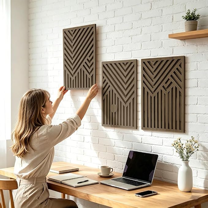 AHANDMAKER 3Pcs Wooden Wall Art Decor Mid Century Modern Rectangle Sculptures 11.8in x 7.8in Decorative Nature Abstract Wall Art for Living Room Bedroom Office Home Accent, Brown