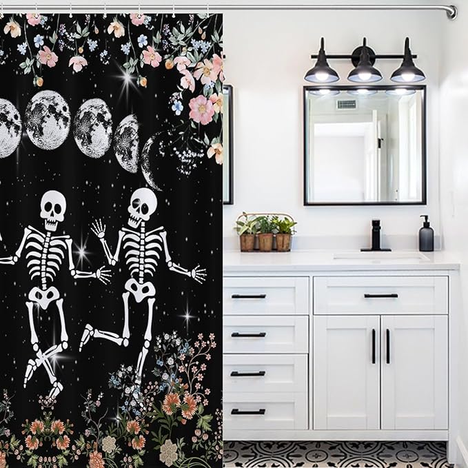 Skull Skeleton Flower Moon Shower Curtain Gothic Moon Phase Scary Horror Black Spooky Flower Holiday Waterproof Shower Curtains for Bathroom Decor 12 Pack Hooks 55x72in（140x183cm）