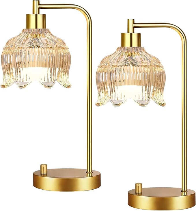 Glass Table Lamp Set of 2,Small Gold Bedside Lamps Dimmable Boho Bedroom Lamp with Tulip Flower Amber Lamp Shade,Vintage Mid Century Modern Mini Nightstand Lamp for Bedroom Living Room