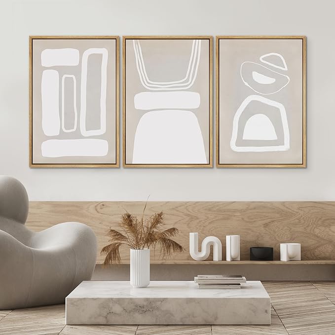 SIGNWIN Framed Canvas Print Wall Art Set Mid-Century Boho Geometric Polygons Abstract Shapes Cozy Neutral Decorative Contemporary Minimal for Living Room, Bedroom, Office - 24"x36"x3 Natural