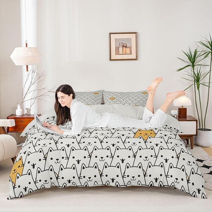 Erosebridal Abstract Cats Comforter Cover Full Cute Pet Kitten Animals Bedding Set Trendy Minimalist Cat Duvet Cover for Kids Girls Boys Adults Gray Yellow Color Block Bed Set