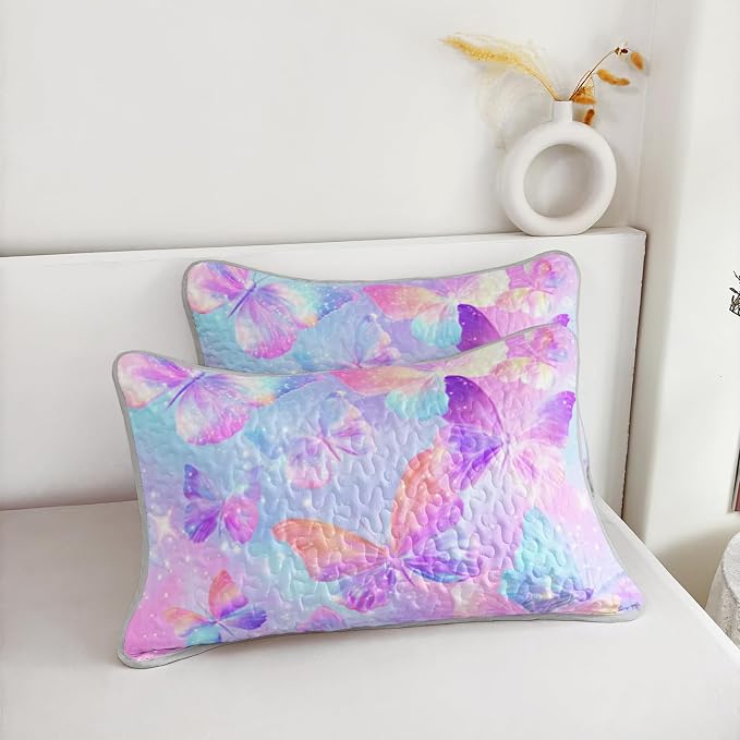 AILONEN Dreamy Pastel Butterfly Twin Quilted Comforter Set 3 Piece, Sparkling Fantasy Bedspread Coverlet with 2 Pillowcases, Magical Bedding for Girls Dorm