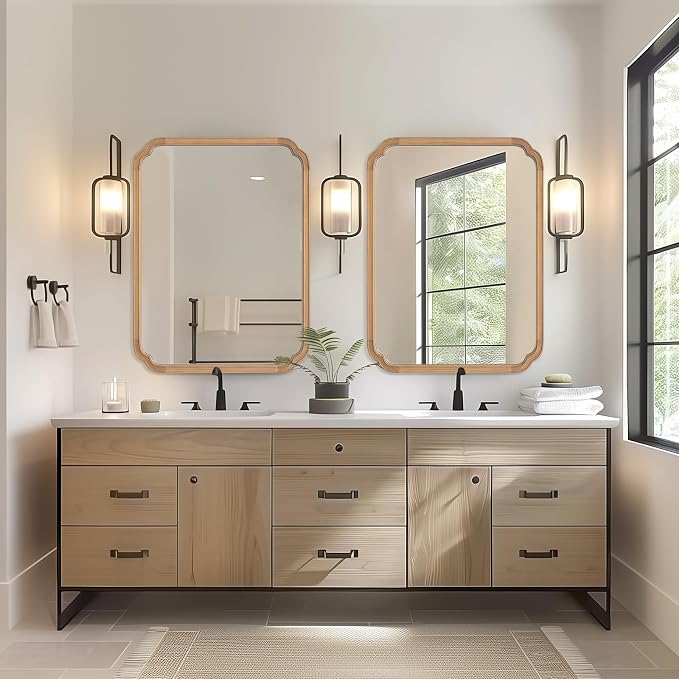 HOMECOOKIN Wood Bathroom Mirror for Wall Decor Arched Rounded Corner Rustic Wood Frame Wall Mirror Home Decorative for Vanity, Living Room, Bedroom, Entryway (30 x 40 inch, Honey)