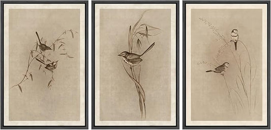 MUDECOR Framed Wall Art Print Set Vintage Bird Wheat Ear Illustrations Modern Art Boho Decorative Colorful Chic for Living Room, Bedroom, Office - 24"x36"x3 Black