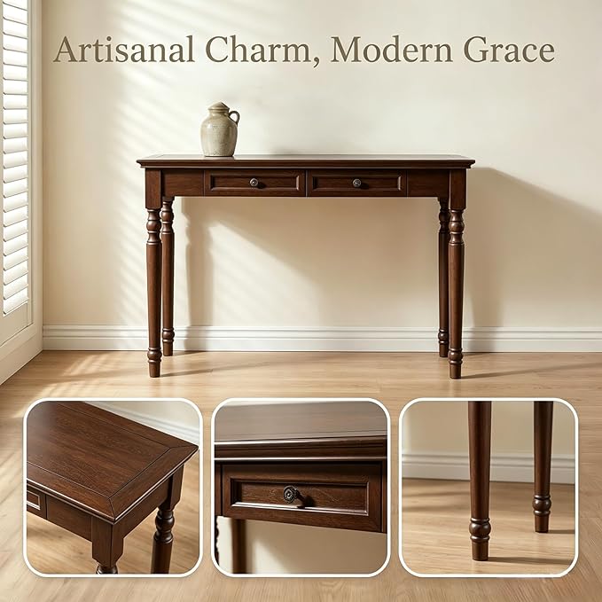 ADORZ Narrow Writing Desk with Drawers, 47 Inch French Country Solid Wood Desk for Home Office, Study Workspace or Bedroom, Walnut
