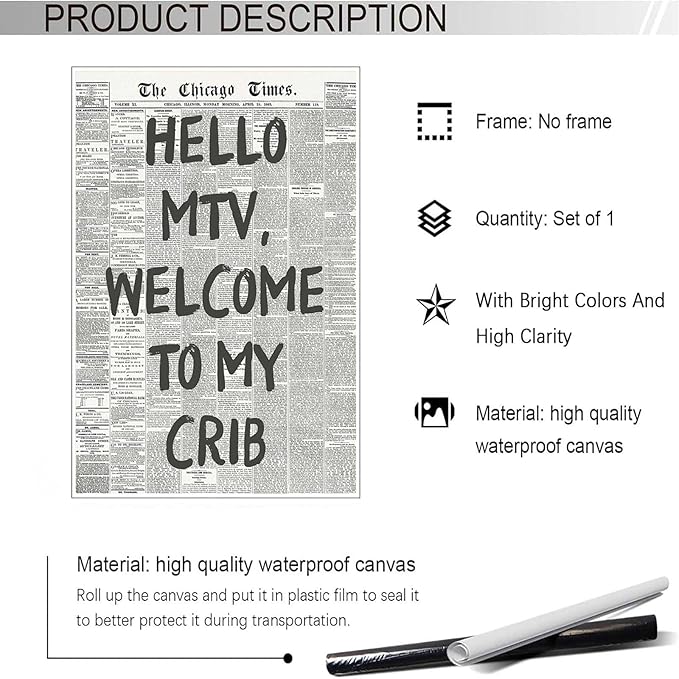 Drimiler Hello Mtv Welcome To My Crib Poster Vintage Black And White Newspaper Canvas Wall Art Positive Affirming 70'S Room Aesthetic Prints Painting For Home Bedroom Dorm Wall Decor 16x24in Unframed