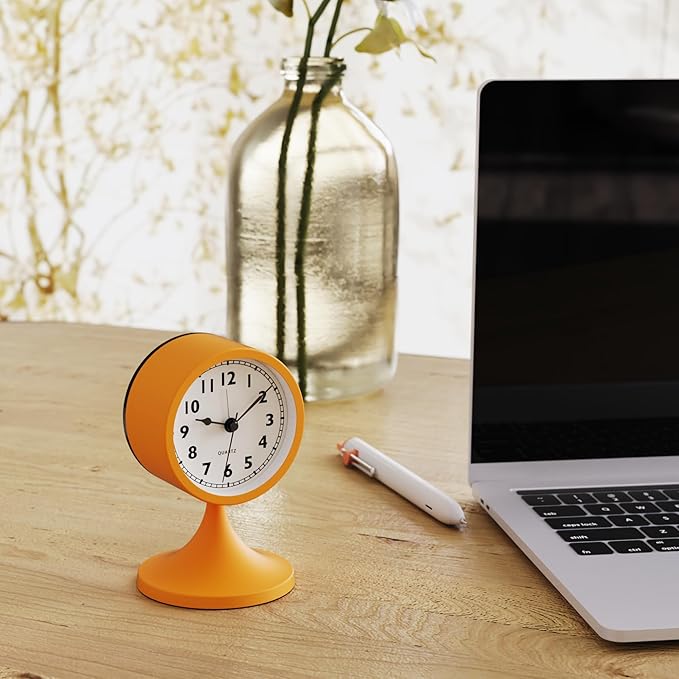 AYRELY® 3" Cute Analog Alarm Clock,Small Retro Table Clock Battery Operated,Slient Metal Desk Clock with Light for Living Room Decor,Bedroom,Bedside,Shelf (Orange)