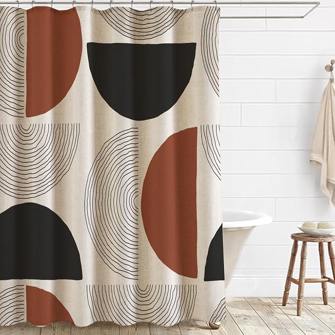 Boho Minimalistic Linen Shower Curtain Abstract Geometric Shapes Lines Fabric Shower Curtain Set with Hooks, Mid Century Modern Shower Curtains for Bathroom, 71x84 Bath Curtain