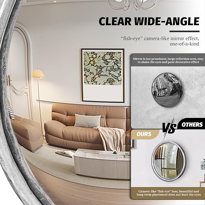 12" Antique Silver Round Convex Mirror, Small Circle Wall Mirror with Thick Metal Framed, Hand-Forged Round Decorative Wall Mirrors for Bathroom, Vanity