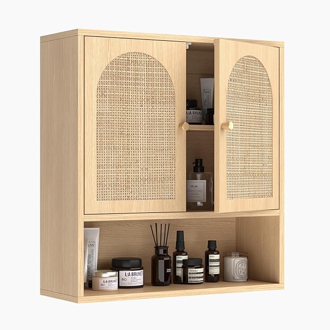 VINGLI Rattan Bathroom Wall Cabinet, Boho Medicine Cabinet with 2 Handwoven Rattan Doors & Adjustable Shelf, Wood Hanging Storage Cabinet with Open Shelf for Kitchen, Laundry, Entryway, Oak Finish