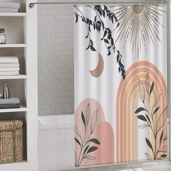 Mid Century Abstract Boho Shower Curtains Geometric Leaf Sun Modern Cafe Waterproof Shower Curtains for Bathroom Decor 12 Pack Hooks 55x72in（140x183cm）