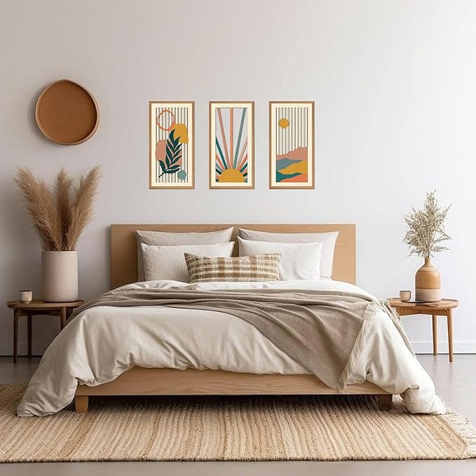 IARTTOP 3Pcs Boho Sunrise Wood Wall Decor Abstract Nature Mountain Wall Art Botanical Mid Century Artwork Minimalist Geometric Art Prints for Living Room Bedroom Office Decoration 8 x16Inch Framed