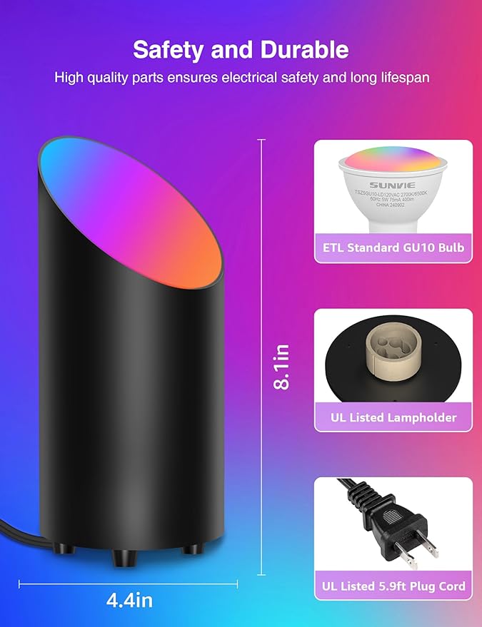 SUNVIE 2 Pack Smart Floor Can Light 5W RGBW Color Changing Uplighting Indoor Uplights 2700K-6500K Up Lights Indoor Floor Spotlight for Plant Corner Wall Artwork, APP Control Alexa & Google Home, Black