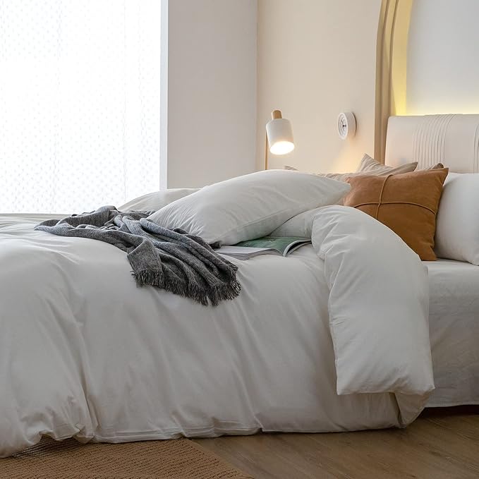 JIYUAN 100% Washed Cotton Duvet Cover Set 3 Pieces King, 1 Duvet Cover 104x90 Inches(Comforter Not Included) and 2 Pillowcases,Linen Feel Bedding Set Comfy and Breathable,Off White