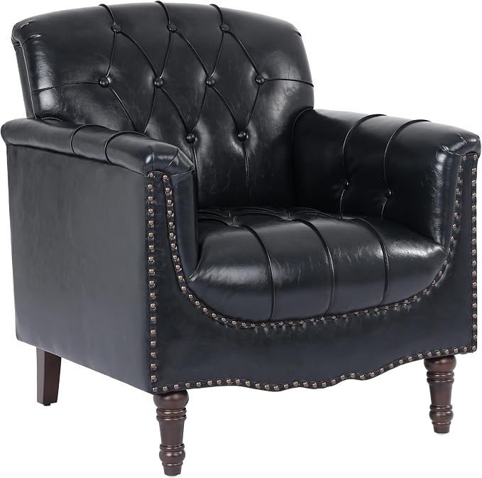 Faux Leather Accent Chair for Living Room, Tufted Arm Chair Retro Upholstered Club Armchair with Solid Wood Legs, Black Blue