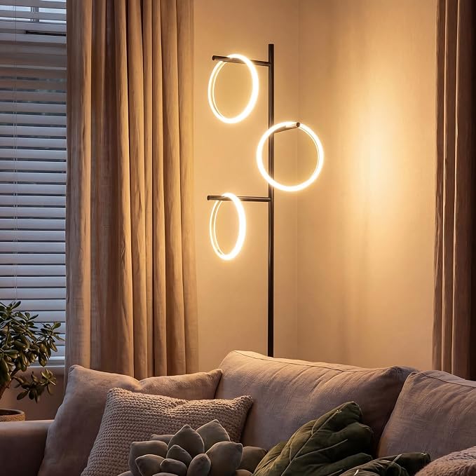 Bairth Black Floor Lamp with 3 Lights, Modern LED Tree Floor Lamp for Living Room, 17W Stepless Dimmable Tall Standing Lamp with 3 Detachable Circular Lights for Reading, Bedroom, Office, Matte Black