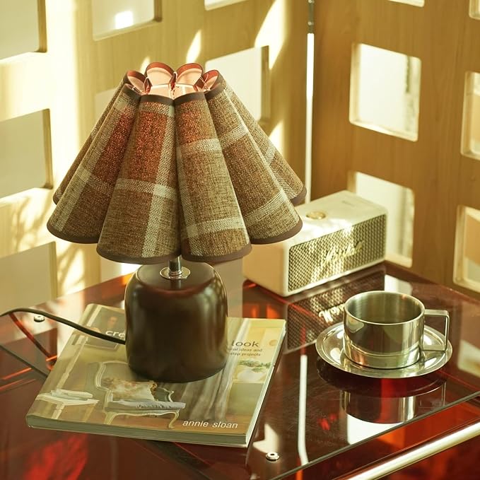 Small Plaid Pattern Table Lamp for Bedroom, Bedside Lamps for Nightstand, Desk Lamp Solid Wood Base Walnut Fabric Shade for Living Room, Kids Room, Bulb Not Included (Mid-Century Modern) (Walnut)